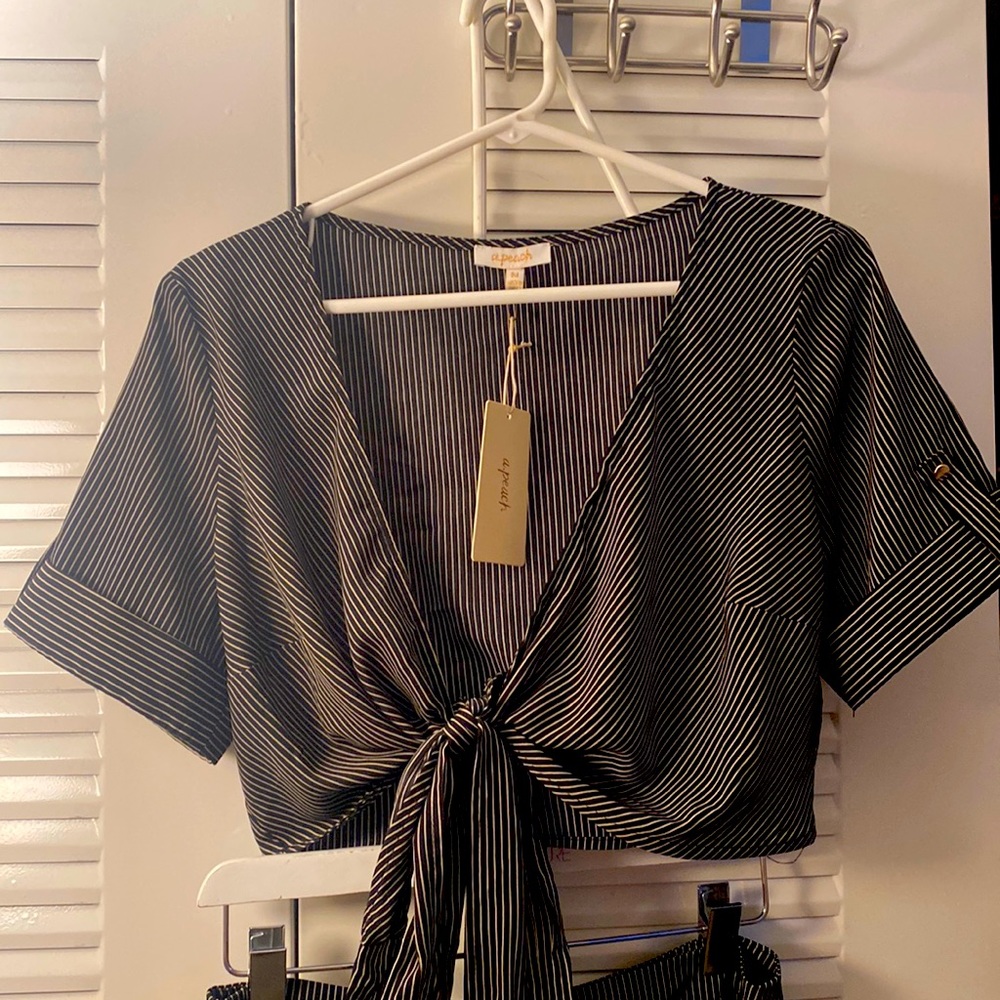 Medium, set/2 piece Black and beige stripes sexy outfit.